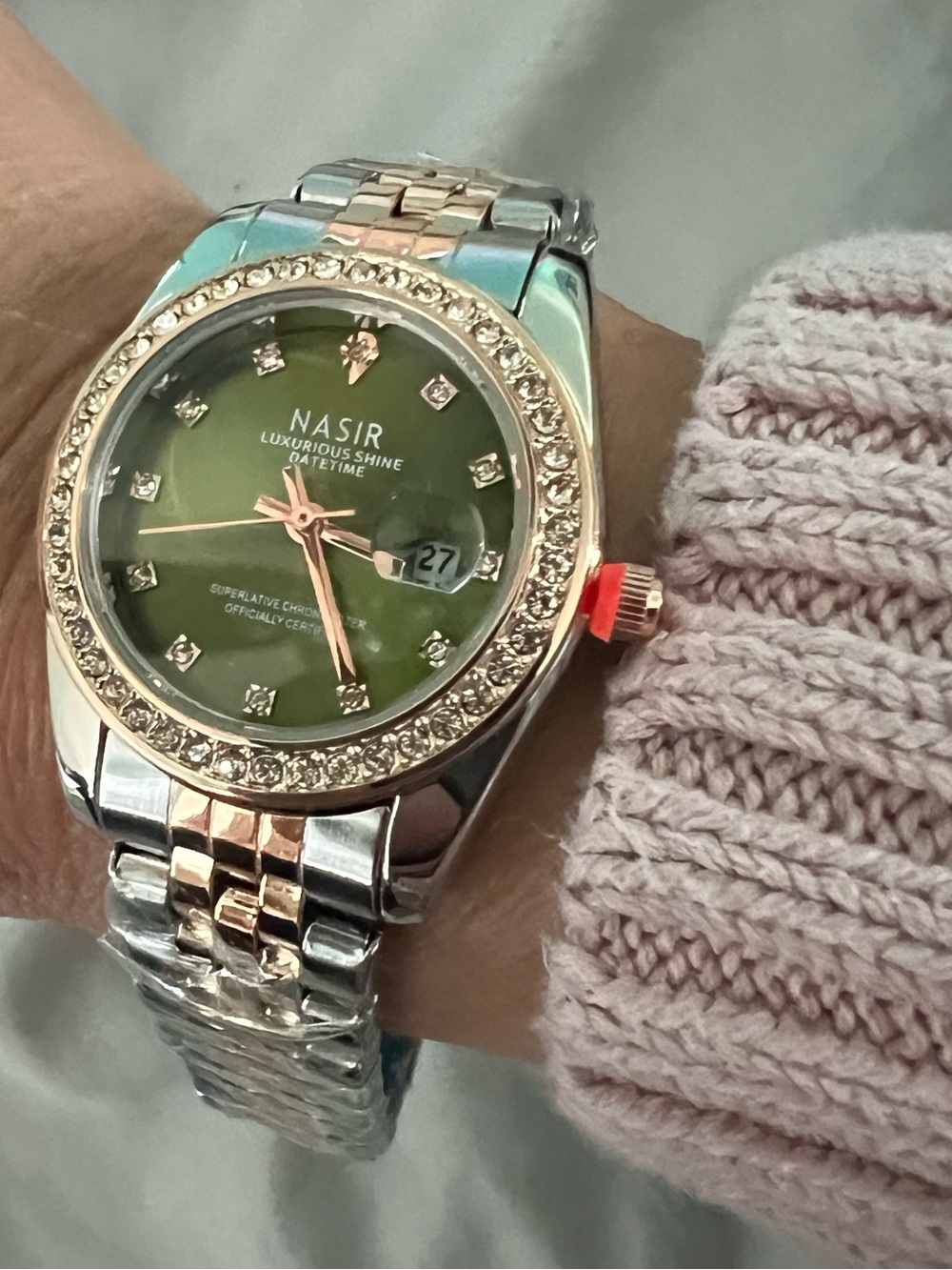 Women's Two-Tone Bracelet Watch with Green Dial and Crystal Bezel